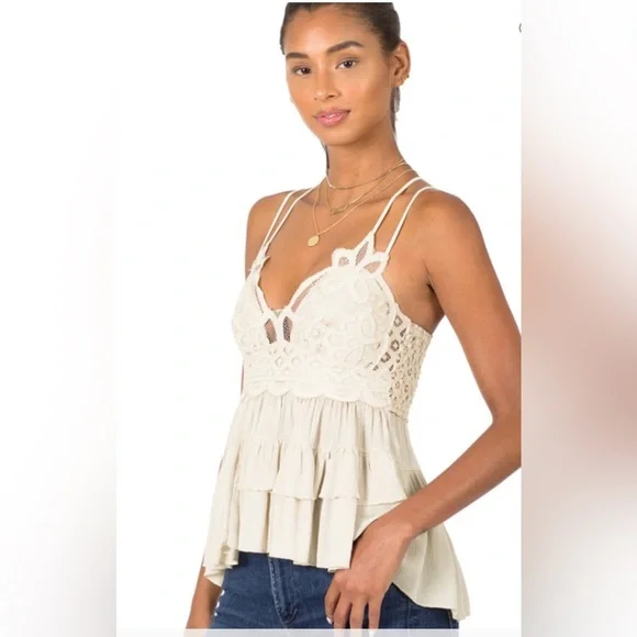 *Last One* Ivory Lace Crochet Cami Tiered Boho Tank Top, Strappy Back, S-M-L-XL - Picture 2 of 7